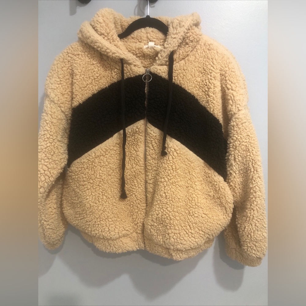 S. R. By Sweet Rain Woman’s Teddy Fuzzy Sherpa Coat Khaki/Black Jacket Size L